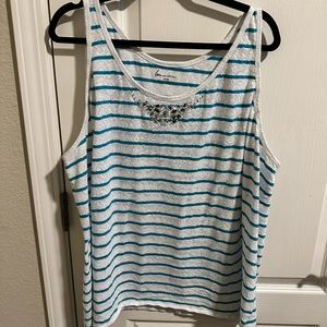 Lane Bryant teal and white stripe lacey tank with rhinestone detail. 26/28